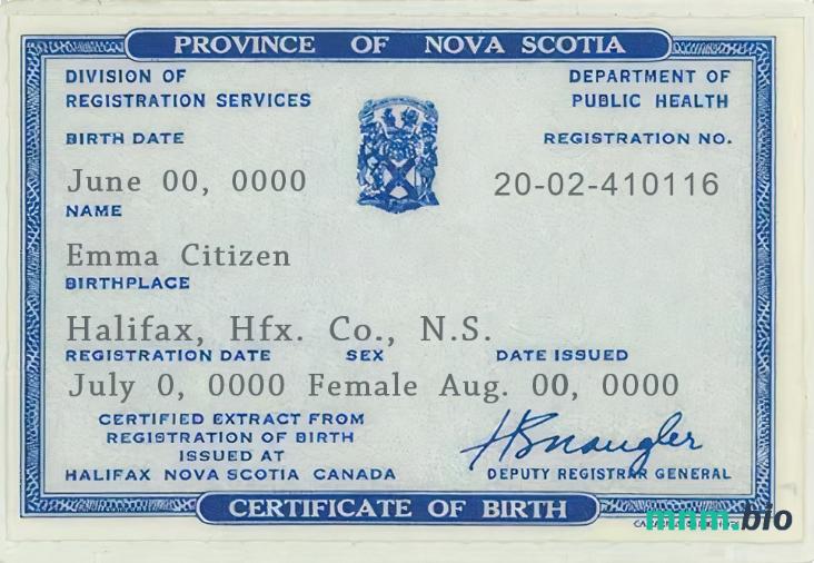 Canada Province of Nova Scotia narodziny certyfikat szablon w formacie PSD